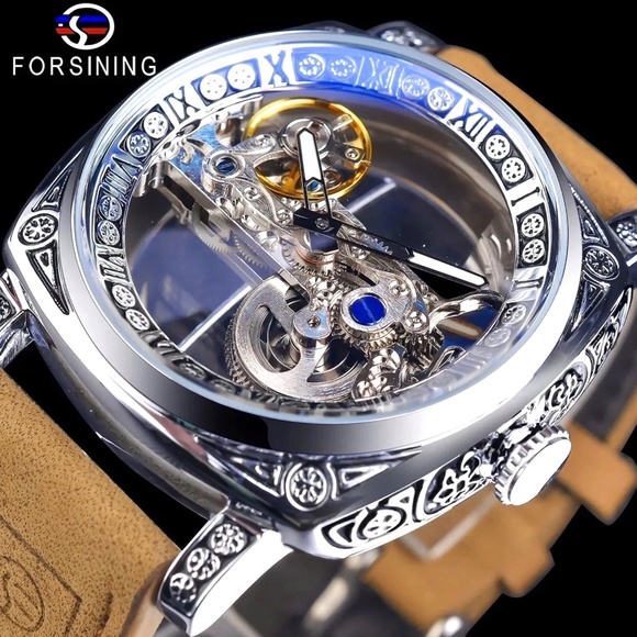 Forsining Men’s Automatic Square Retro Carved Skeleton Luxury Waterproof Watch - Picture 1 of 12